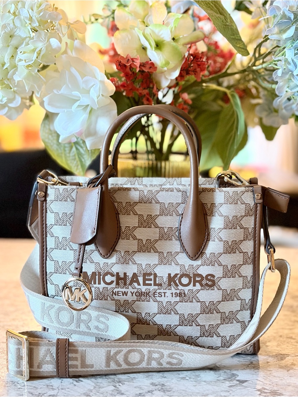 Michael Kors Beige and Brown MK Logo Satchel with Detachable Strap